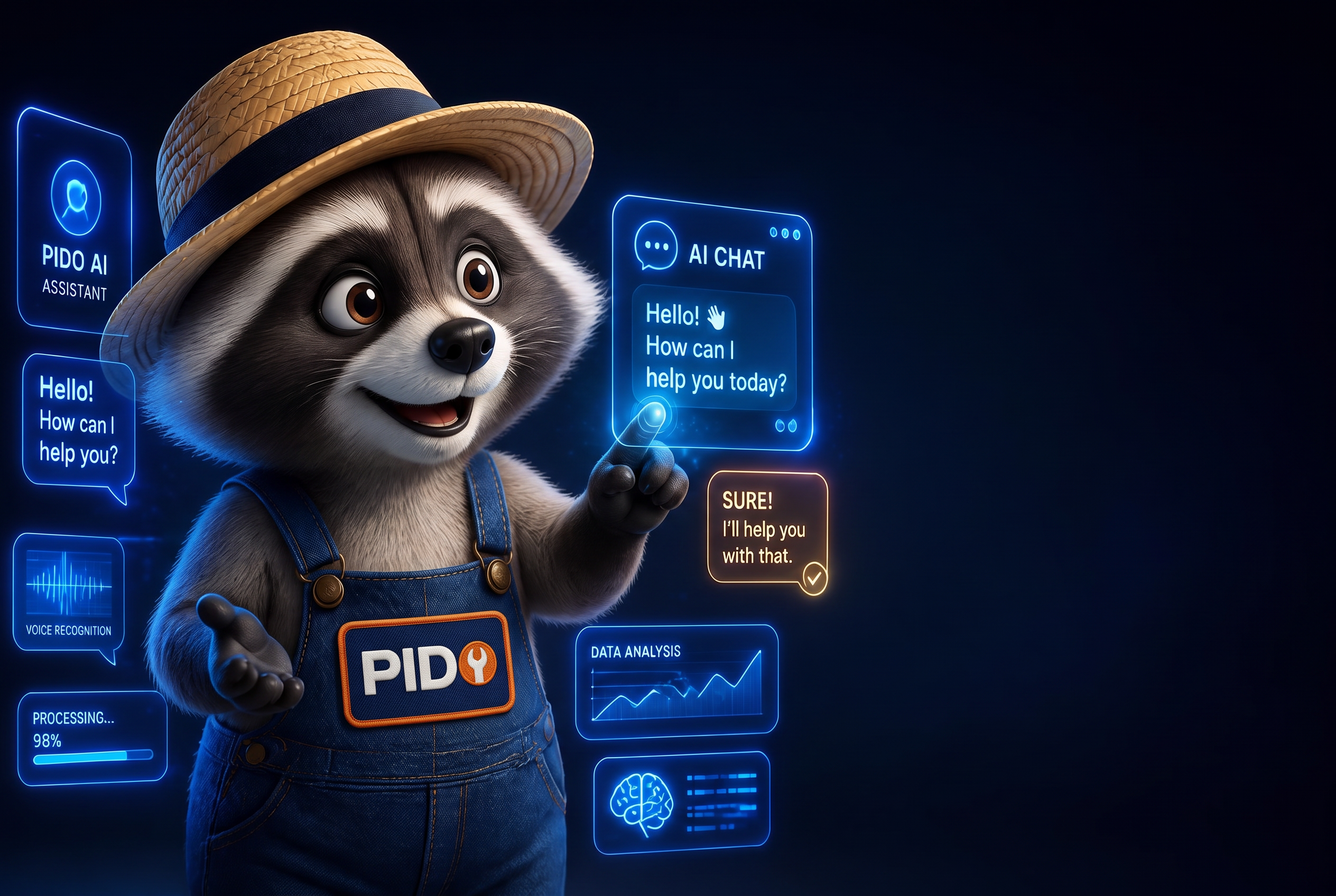 Pido en assistant IA entouré d'interfaces holographiques