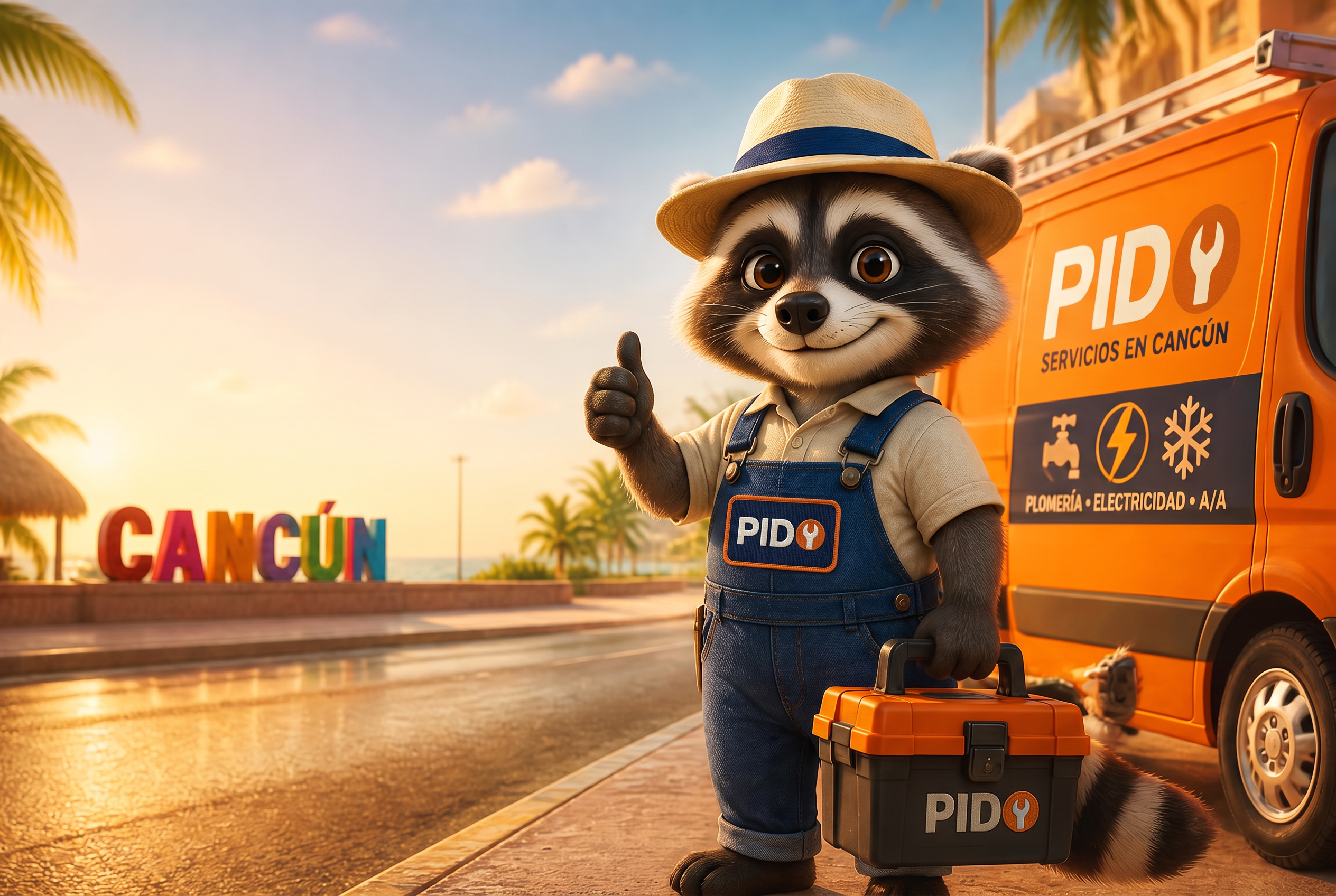 Pido le raton laveur artisan devant sa camionnette orange à Cancún