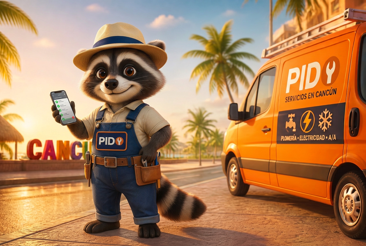 Pido, artisan raton laveur, devant sa camionnette orange à Cancún avec son téléphone