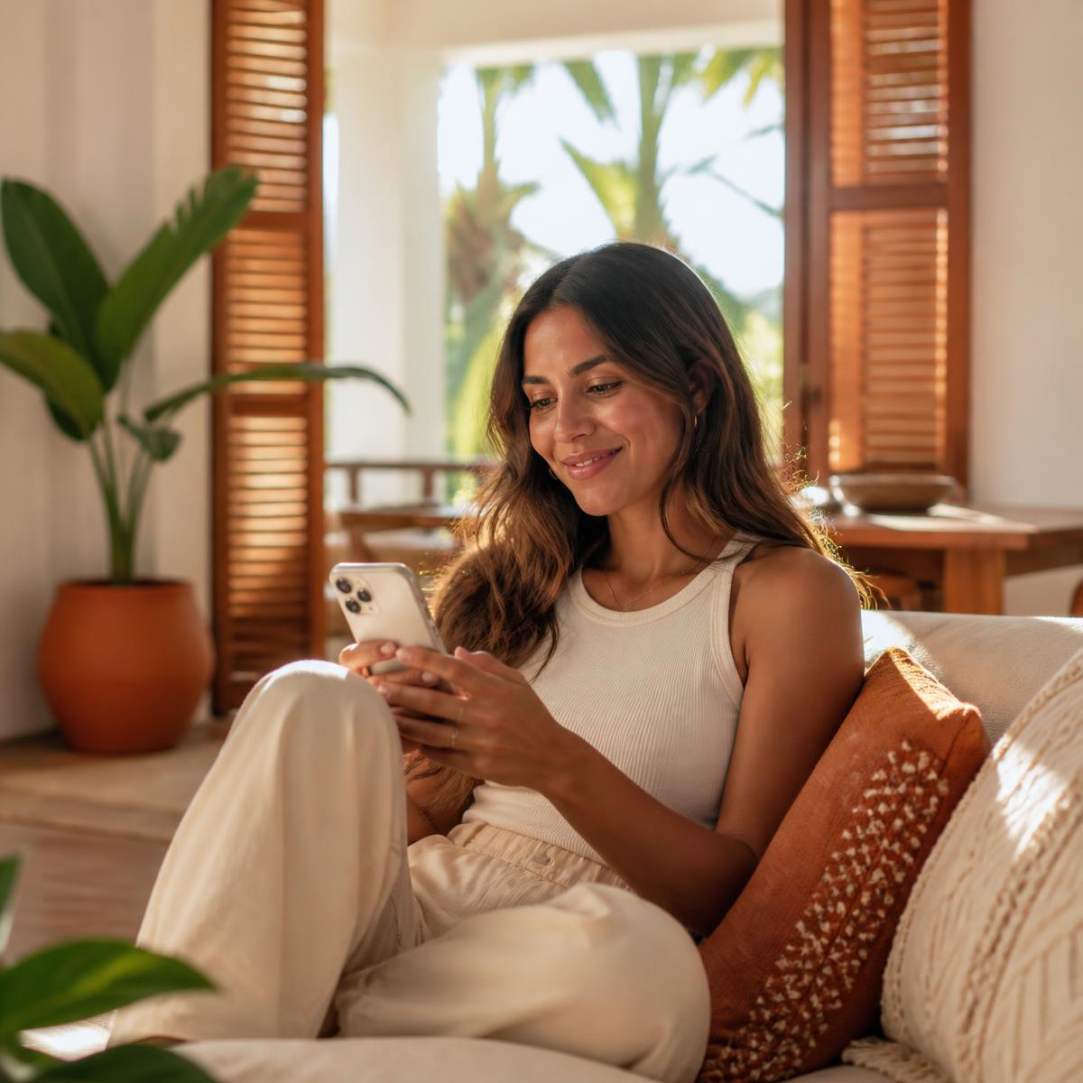 Une cliente réserve un service depuis son téléphone dans son salon